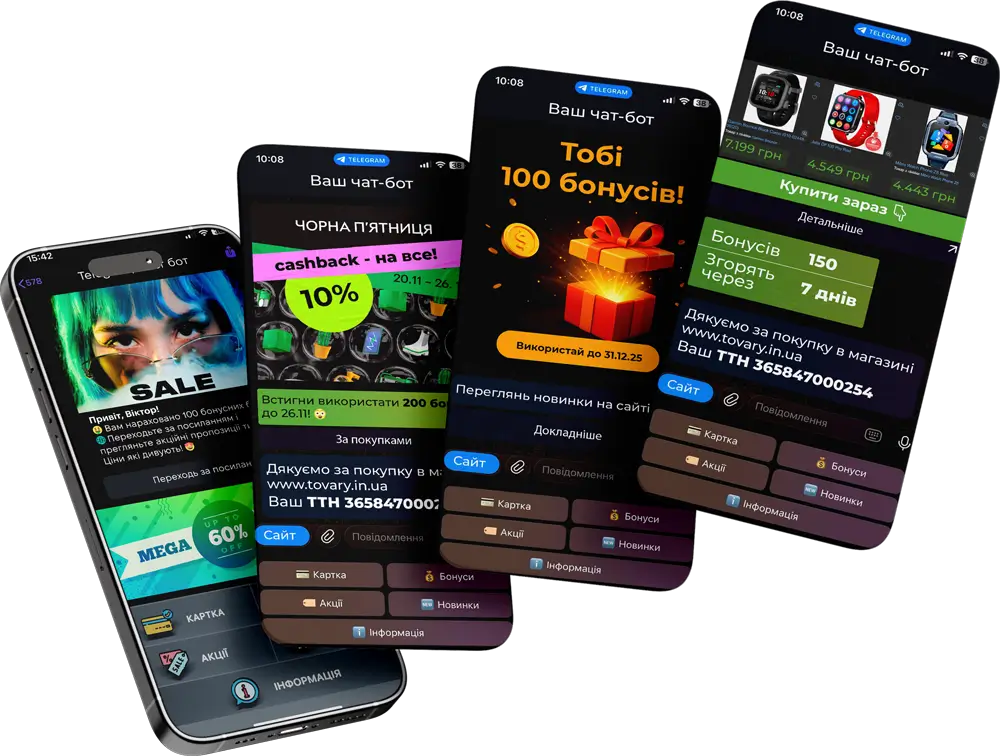 Програма лояльності, інтерфейс чат-бота лояльності — бонуси та акції для клієнтів